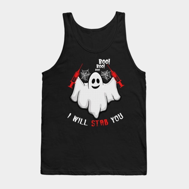 Cartoon ghost I will stab you tshirt funny halloween gift shirt Tank Top by American Woman